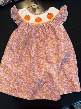 Pink & Orange Floral Smocked Girls' Dress with Pumpkin Applique